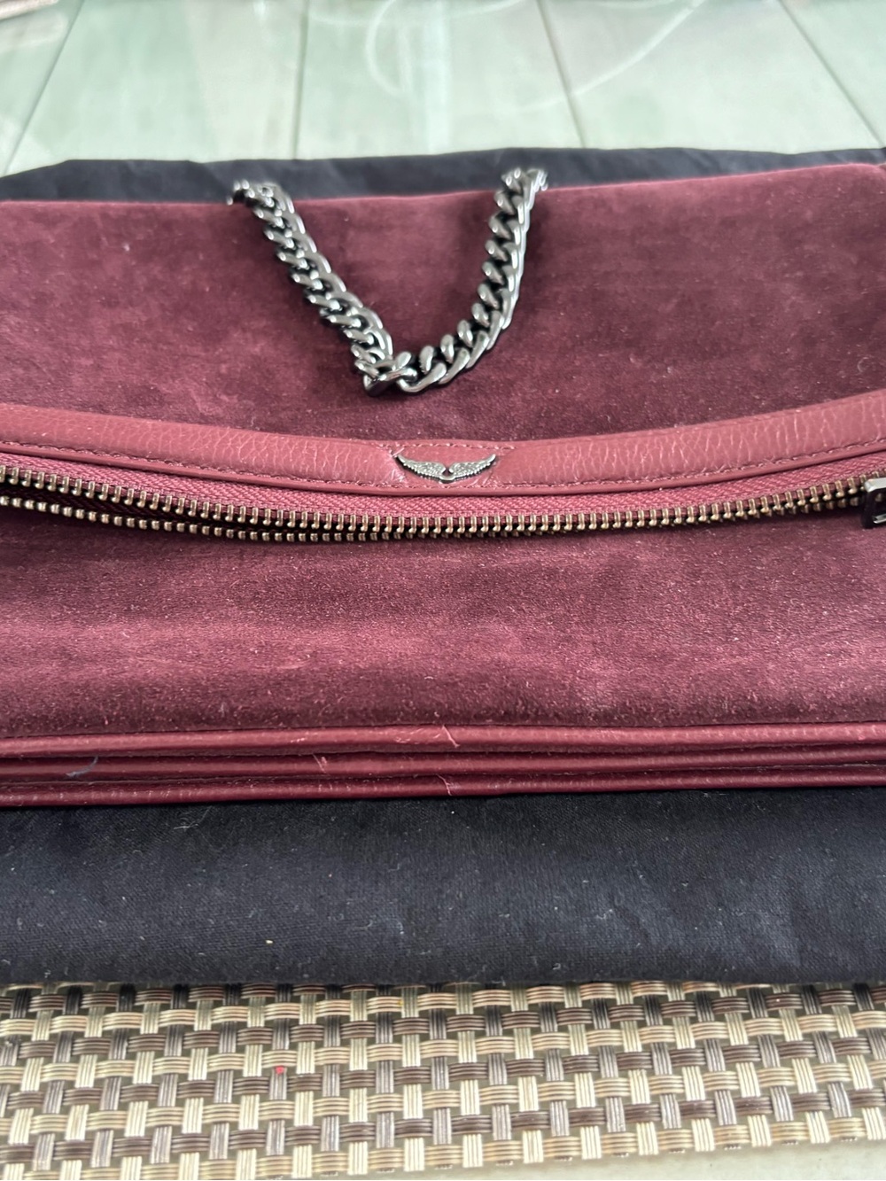 Zadig & Voltaire Burgundy Suede Shoulder Bag with Silver Chain - Picture 3 of 8